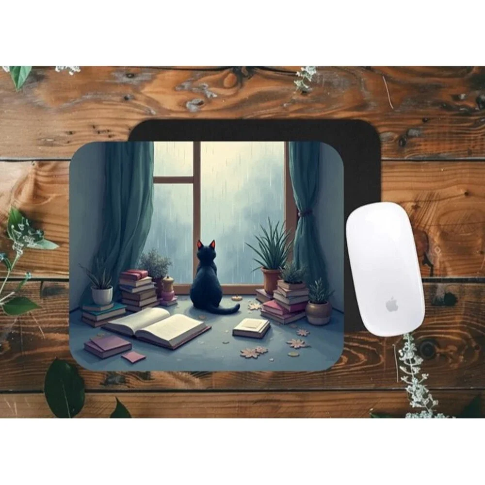 Cozy Cat Mouse Pad, Aesthetic with Rainy Window Scene